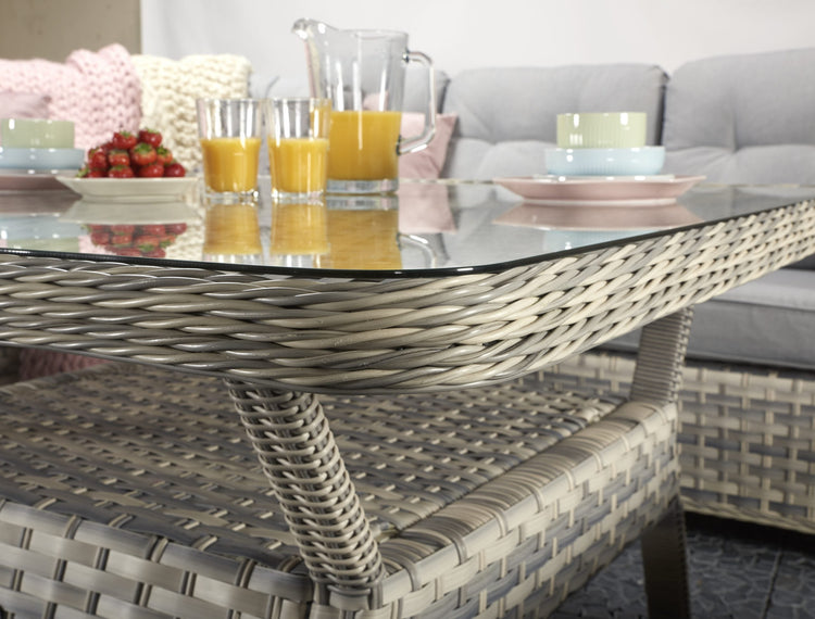 Constance Grey Rattan Large Corner Dining Sofa with Glass Table & 3 Benches | Signature Weave