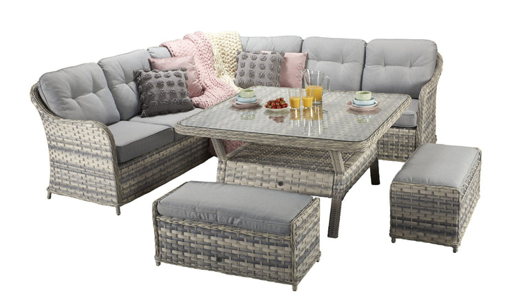 Constance Grey Rattan Large Corner Dining Sofa with Glass Table & 3 Benches | Signature Weave