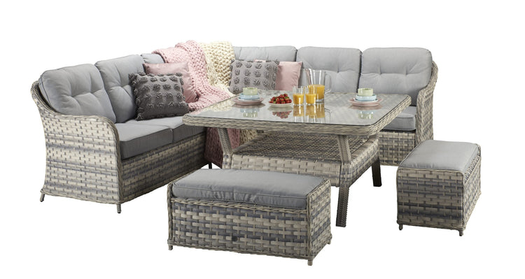 Constance Grey Rattan Large Corner Dining Sofa with Glass Table & 3 Benches | Signature Weave