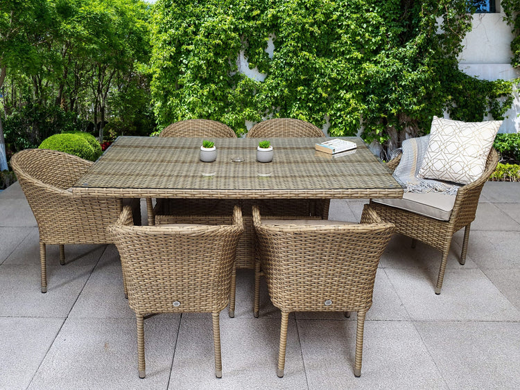 Darcey 6 Seater Rattan Garden Dining Set with Acacia Wood Table & Stacking Chairs | Signature Weave