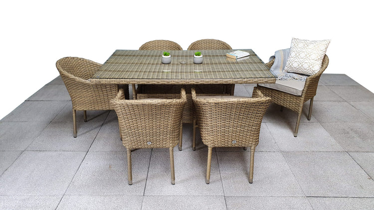 Darcey 6 Seater Rattan Garden Dining Set with Acacia Wood Table & Stacking Chairs | Signature Weave