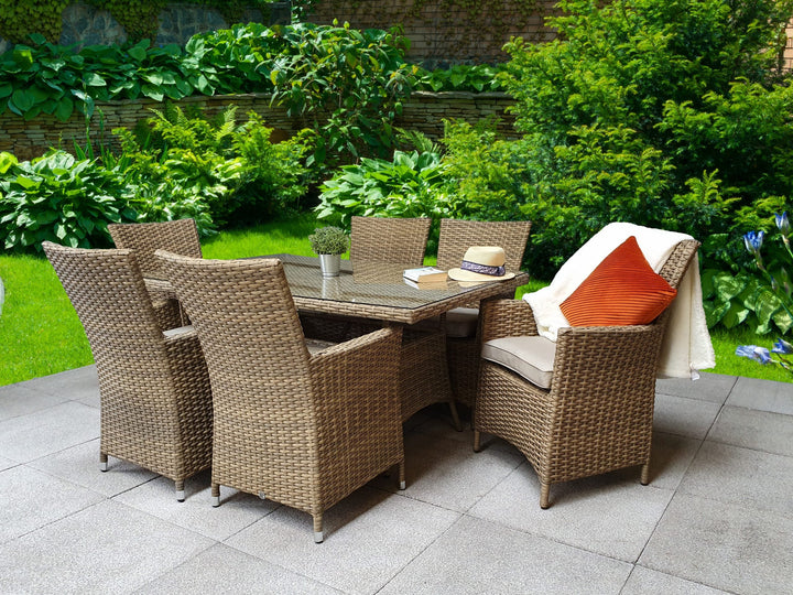Darcey 6 Seater Rattan Garden Dining Set with High Back Chairs & Parasol Hole | Signature Weave