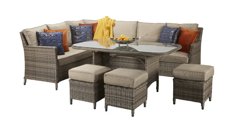 Edwina 9 Seater Grey-Brown Rattan Corner Dining Sofa with Glass Table & 3 Stools | Signature Weave