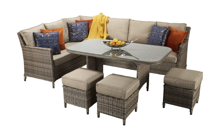 Edwina 9 Seater Grey-Brown Rattan Corner Dining Sofa with Glass Table & 3 Stools | Signature Weave