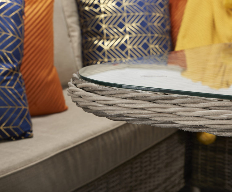 Edwina 9 Seater Grey-Brown Rattan Corner Dining Sofa with Glass Table & 3 Stools | Signature Weave