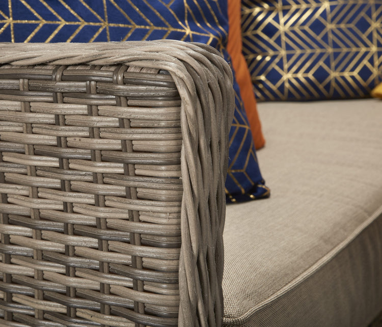 Edwina 9 Seater Grey-Brown Rattan Corner Dining Sofa with Glass Table & 3 Stools | Signature Weave