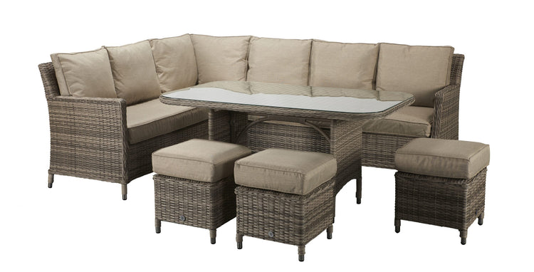 Edwina 9 Seater Grey-Brown Rattan Corner Dining Sofa with Glass Table & 3 Stools | Signature Weave