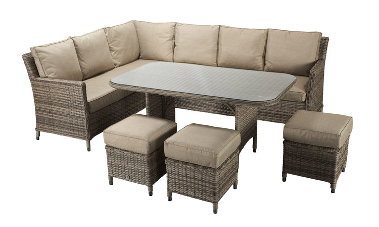 Edwina 9 Seater Grey-Brown Rattan Corner Dining Sofa with Glass Table & 3 Stools | Signature Weave