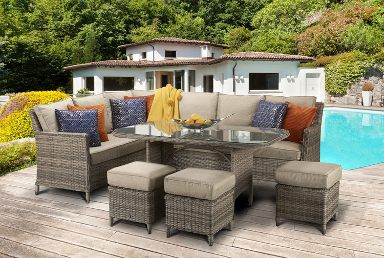 Edwina 9 Seater Grey-Brown Rattan Corner Dining Sofa with Glass Table & 3 Stools | Signature Weave