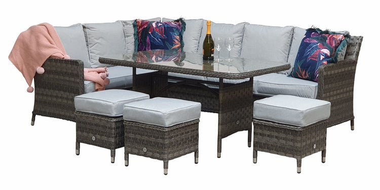 Edwina 7 Seater Grey Rattan Corner Dining Sofa with Aluminium Top Table & 3 Stools | Signature Weave