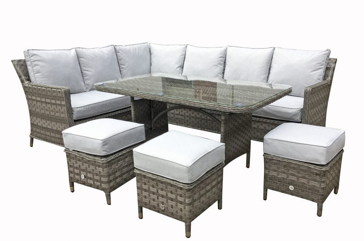 Edwina 7 Seater Grey Rattan Corner Dining Sofa with Aluminium Top Table & 3 Stools | Signature Weave