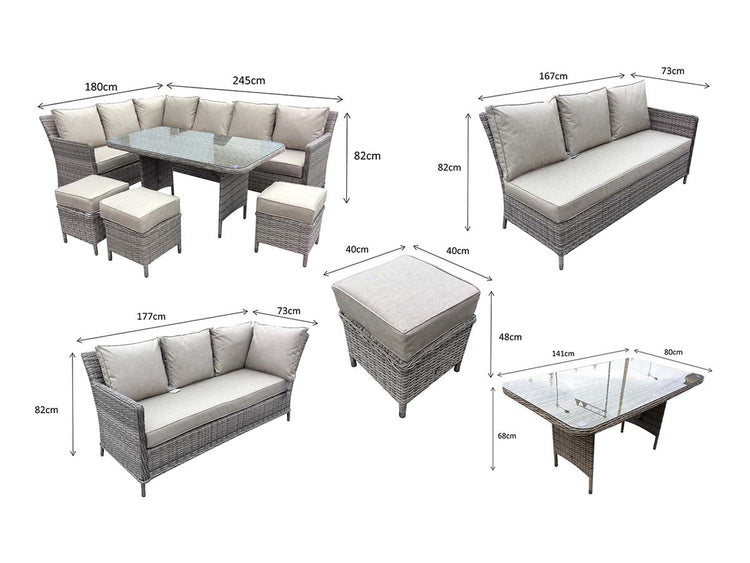Edwina Grey Rattan Corner Dining Sofa with Toughened Glass Table & 3 Stools | Signature Weave