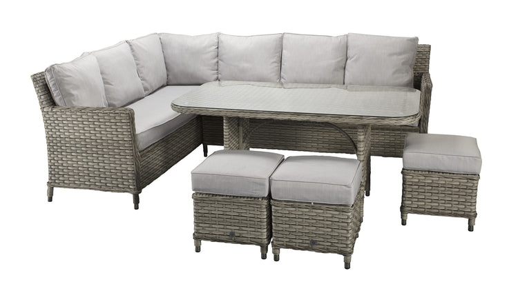 Edwina Grey Rattan Corner Dining Sofa with Toughened Glass Table & 3 Stools | Signature Weave