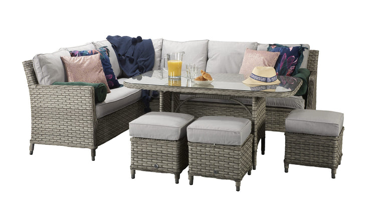 Edwina Grey Rattan Corner Dining Sofa with Toughened Glass Table & 3 Stools | Signature Weave