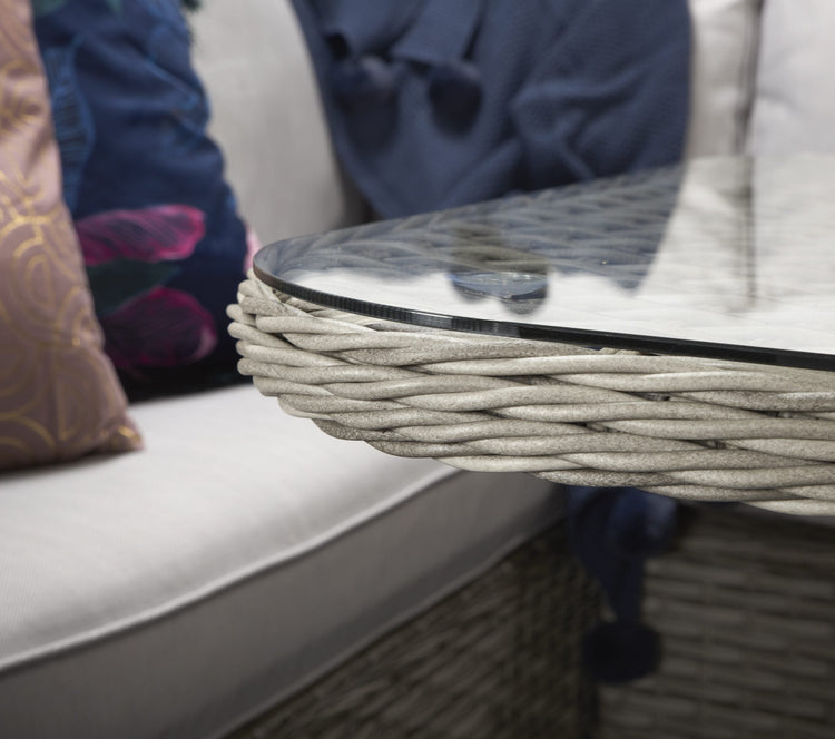 Edwina Grey Rattan Corner Dining Sofa with Toughened Glass Table & 3 Stools | Signature Weave