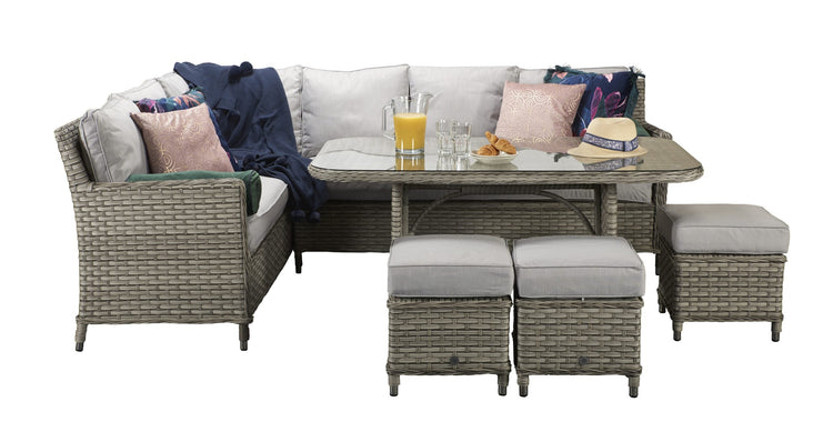 Edwina Grey Rattan Corner Dining Sofa with Toughened Glass Table & 3 Stools | Signature Weave