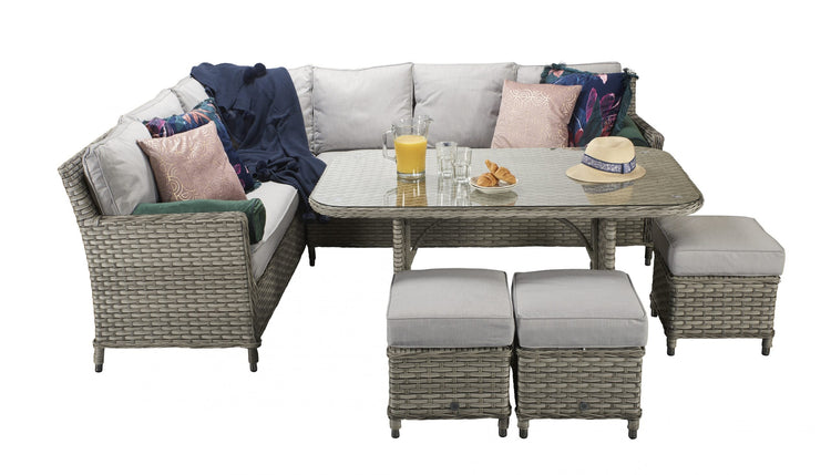 Edwina Grey Rattan Corner Dining Sofa with Toughened Glass Table & 3 Stools | Signature Weave