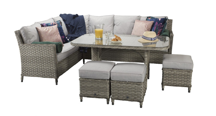 Edwina Grey Rattan Corner Dining Sofa with Toughened Glass Table & 3 Stools | Signature Weave