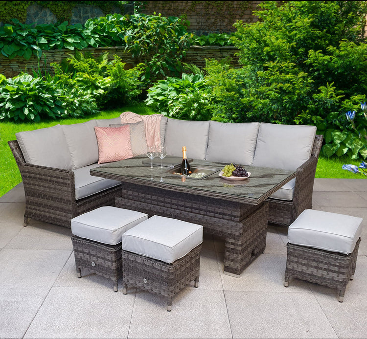 Edwina Brown Rattan Corner Dining Sofa with Lift Table, Ice Bucket & Beige Cushions | Signature Weave