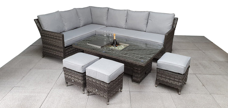 Edwina Brown Rattan Corner Dining Sofa with Lift Table, Ice Bucket & Beige Cushions | Signature Weave
