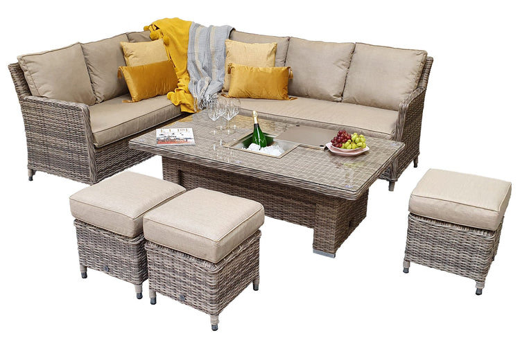 Edwina Grey Rattan Corner Dining Set with Lift Table, Ice Bucket & 3 Stools | Signature Weave