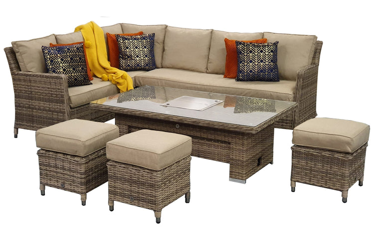 Edwina Grey Rattan Corner Dining Set with Lift Table, Ice Bucket & 3 Stools | Signature Weave