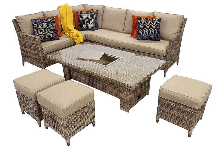 Edwina Grey Rattan Corner Dining Set with Lift Table, Ice Bucket & 3 Stools | Signature Weave