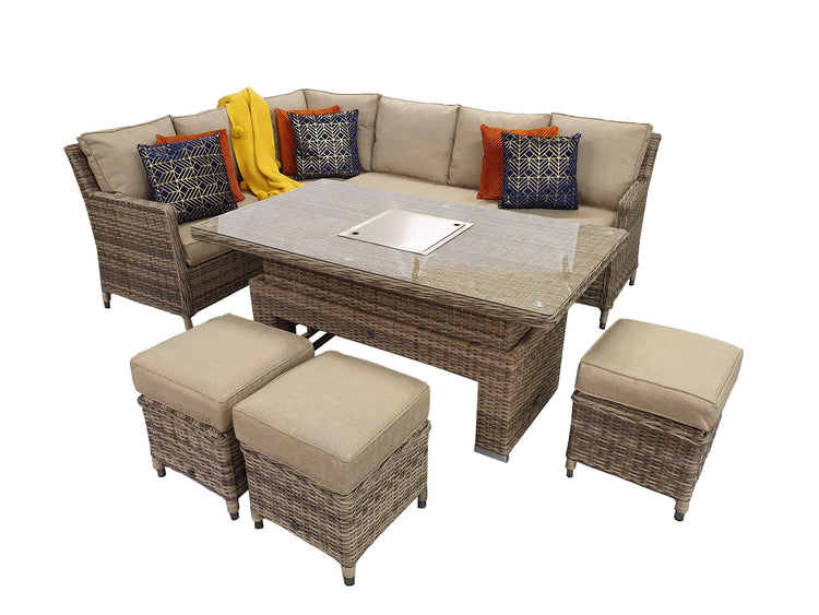 Edwina Grey Rattan Corner Dining Set with Lift Table, Ice Bucket & 3 Stools | Signature Weave