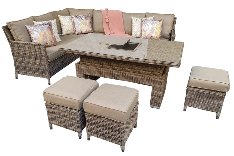 Edwina Grey Rattan Corner Dining Set with Lift Table, Ice Bucket & 3 Stools | Signature Weave