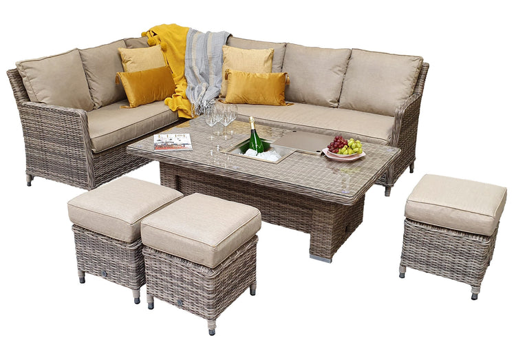 Edwina Grey Rattan Corner Dining Set with Lift Table, Ice Bucket & 3 Stools | Signature Weave