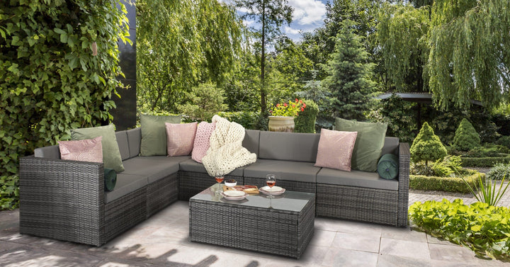 Evie Mixed Grey Rattan Modular Garden Sofa Set on Steel Frame, 328 x 246cm | Signature Weave