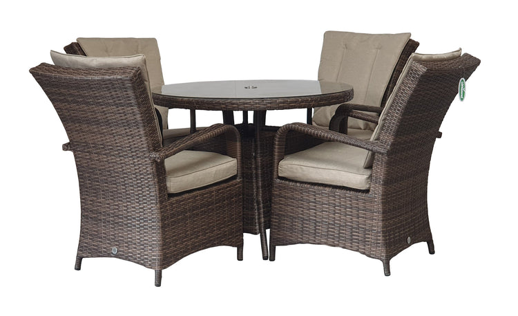 Florence 4 Seater Brown Rattan Round Garden Dining Set with 100cm Glass Table | Signature Weave