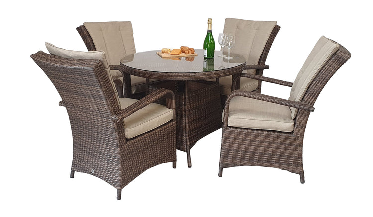 Florence 4 Seater Brown Rattan Round Garden Dining Set with 100cm Glass Table | Signature Weave