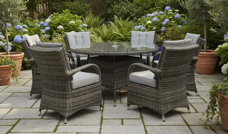 Rattan Grey Dining Round Table + 6 Chairs Set | Amel130TGS | Oliv140CG