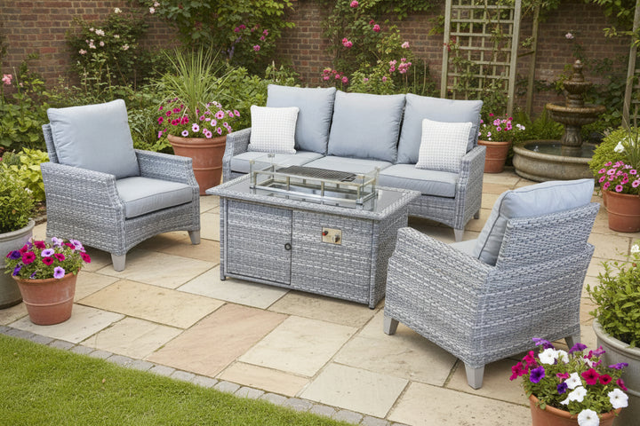 Windchester Pale Grey Rattan 3 Seater Sofa & 2 Chairs Set with Fire Pit Table & Free Hot Plate