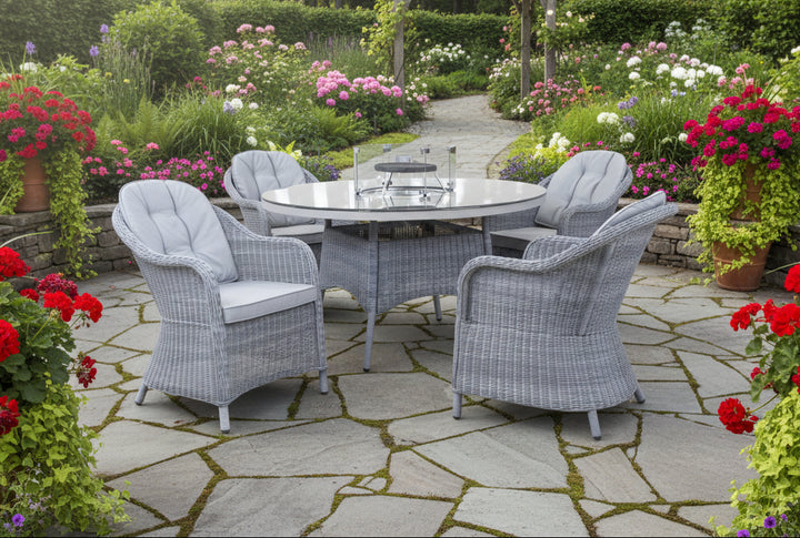 Hampton 4 Seater Rattan Round Fire Pit Table Set with Free Hot Plate | Signature Weave