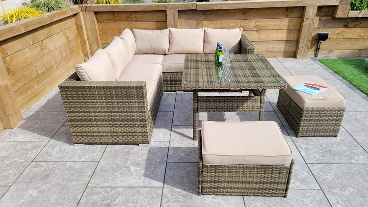 Georgia Brown Rattan Compact Corner Sofa with Dining Table & 2 Stools | Signature Weave
