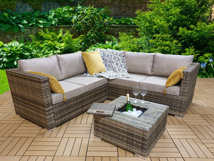 Georgia Brown Rattan Corner Sofa with Ice Bucket Glass Coffee Table | Signature Weave