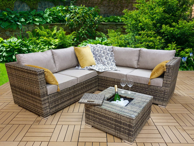 Georgia Brown Rattan Corner Sofa with Ice Bucket Glass Coffee Table | Signature Weave