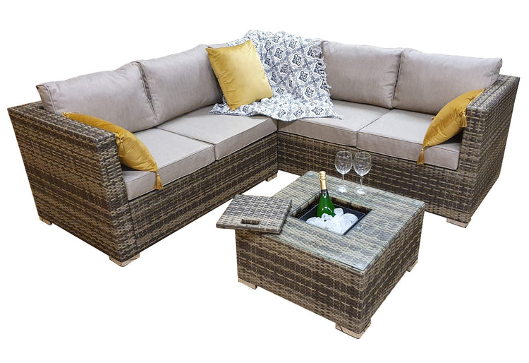 Georgia Brown Rattan Corner Sofa with Ice Bucket Glass Coffee Table | Signature Weave