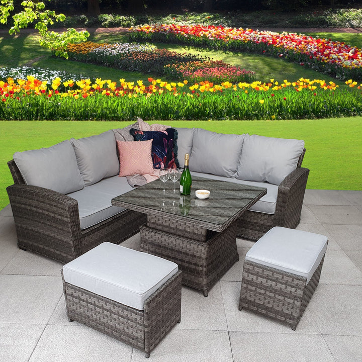Grace Grey Rattan Corner Sofa with Adjustable Height Dining Table & 2 Bench Stools | Signature Weave