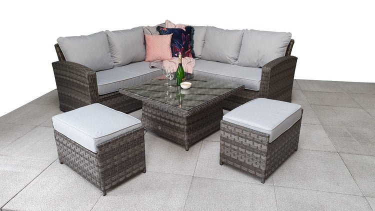 Grace Grey Rattan Corner Sofa with Adjustable Height Dining Table & 2 Bench Stools | Signature Weave