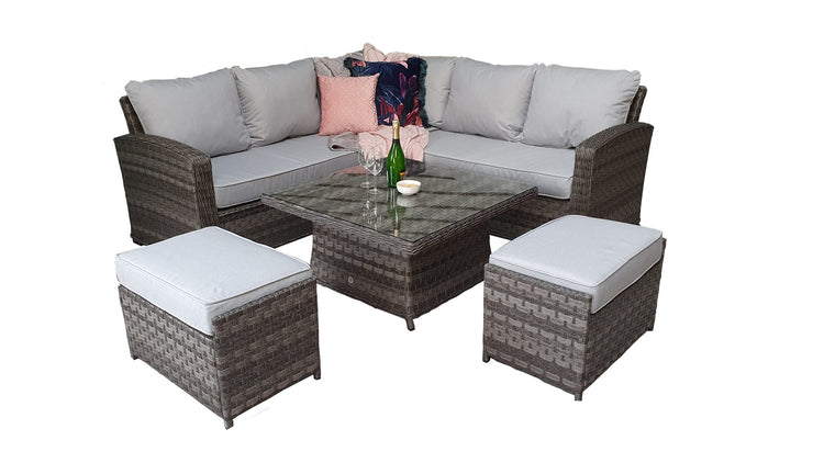 Grace Grey Rattan Corner Sofa with Adjustable Height Dining Table & 2 Bench Stools | Signature Weave