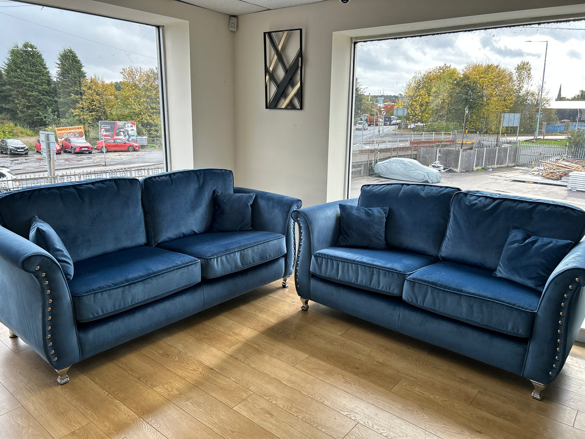 Ex-Display Spark Cobalt Blue Fabric 3 + 2 Seater Sofas with Silver Studs