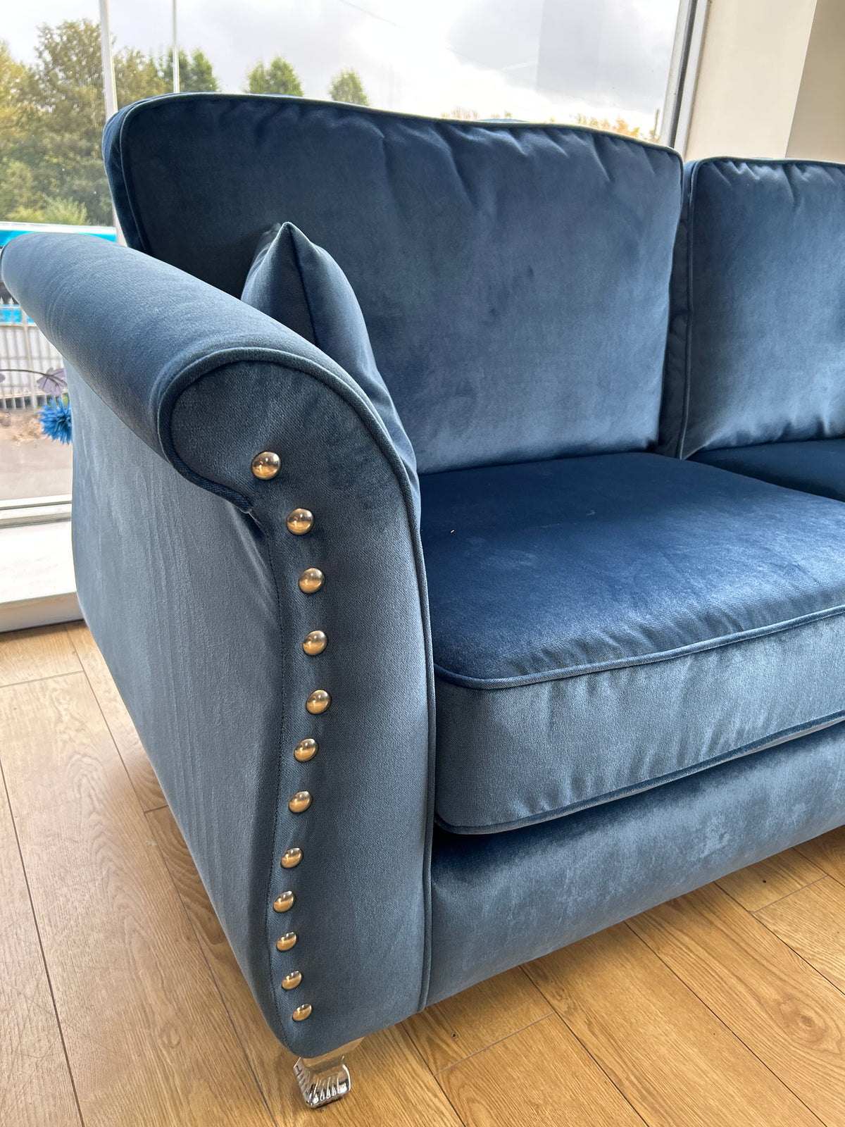 Ex-Display Spark Cobalt Blue Fabric 3 + 2 Seater Sofas with Silver Studs