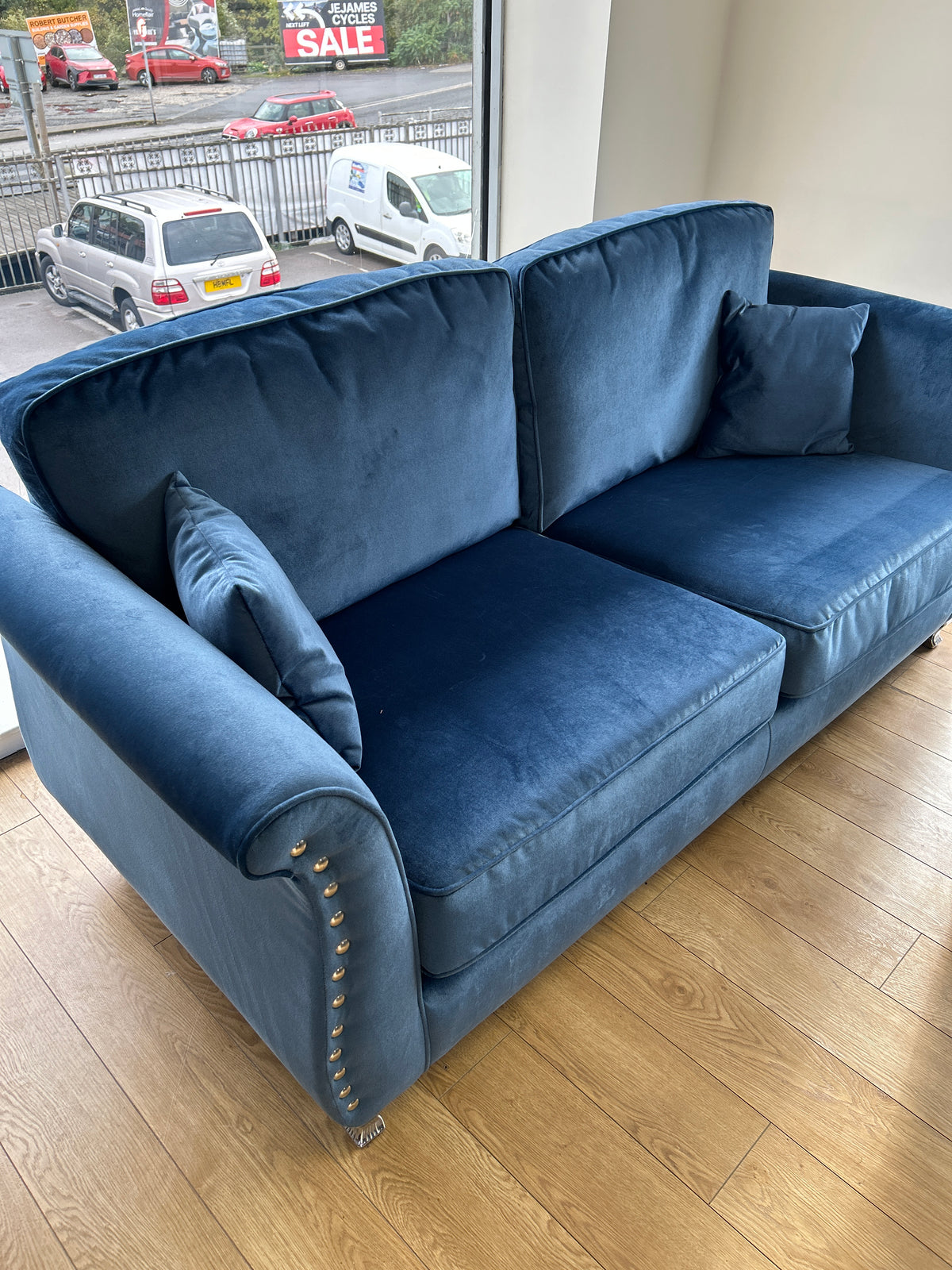 Ex-Display Spark Cobalt Blue Fabric 3 + 2 Seater Sofas with Silver Studs