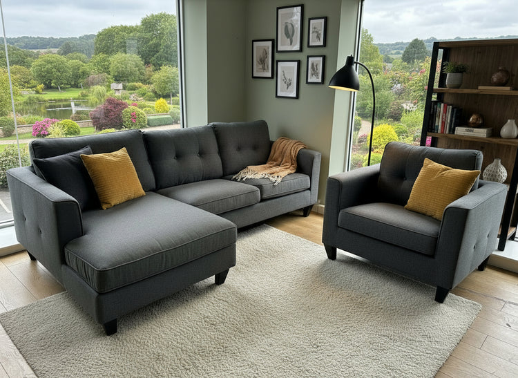 Liam Ex-Display Grey Fabric 3 Seater Chaise Sofa + Chair | EXLIA