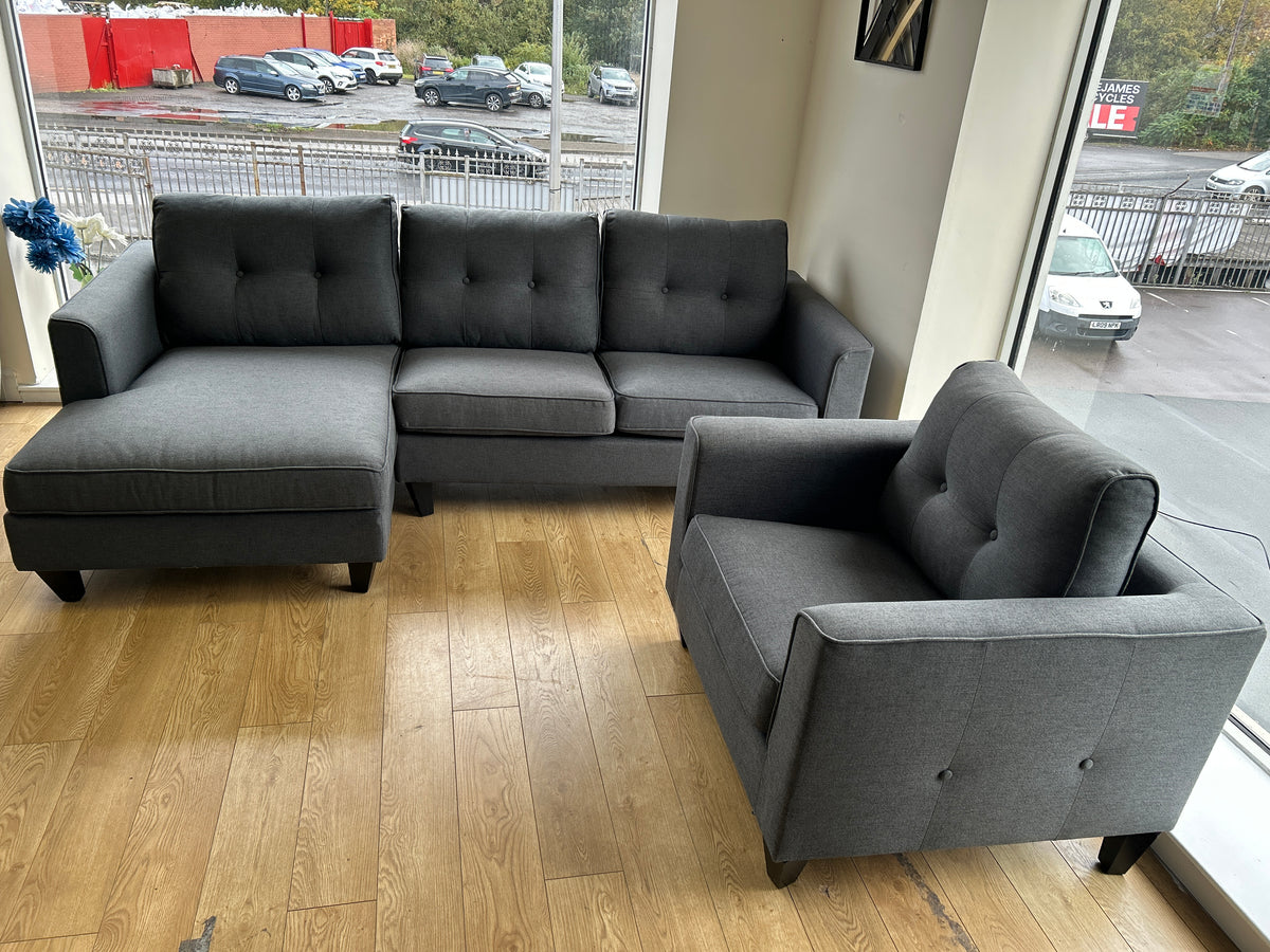 Ex-Display Liam Grey Fabric 3 Seater Chaise Sofa + Chair