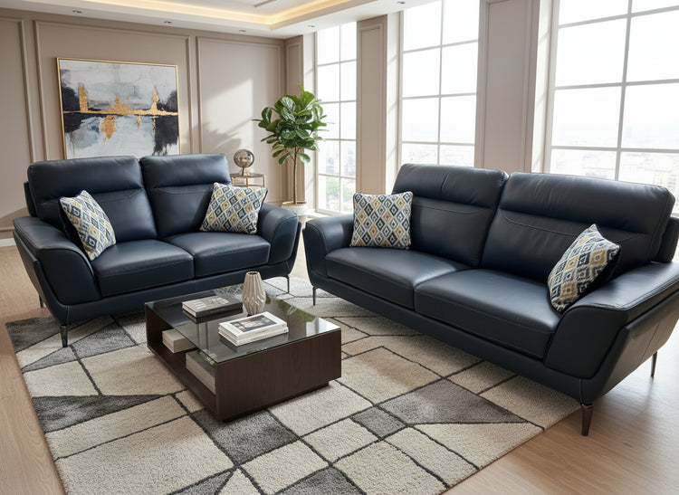 Ex-Display Vitalia Blue Leather 3 + 2 Seater Sofa Set