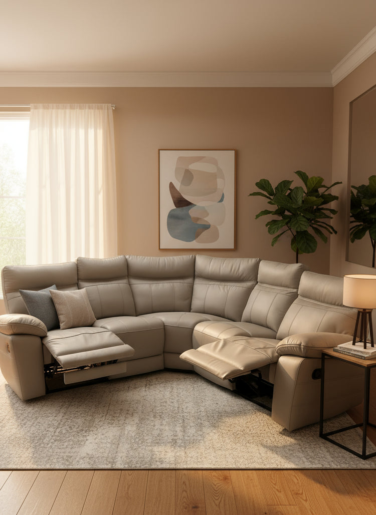 Ex-Display Positano Pale Grey Leather Manual Recliner Corner Sofa + Electric Chair